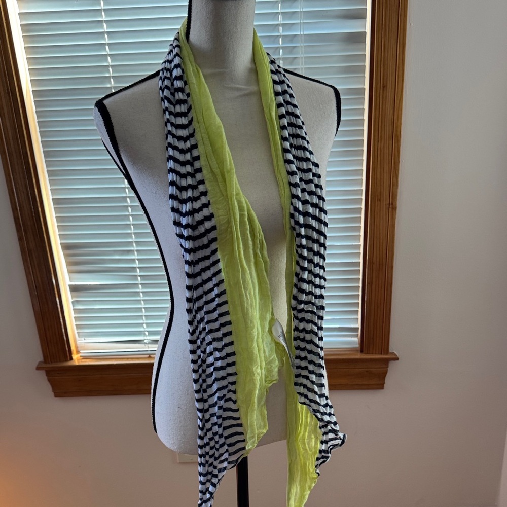 Chico's Striped Black‎ & White Scarf with Lime Green Panel 2 scarves